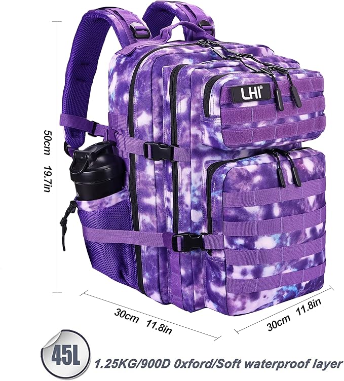 LHI Military Tactical Backpack for Men and Women 45L Army 3 Days Assault Pack Bag Large Rucksack with Molle System - Purple Camo