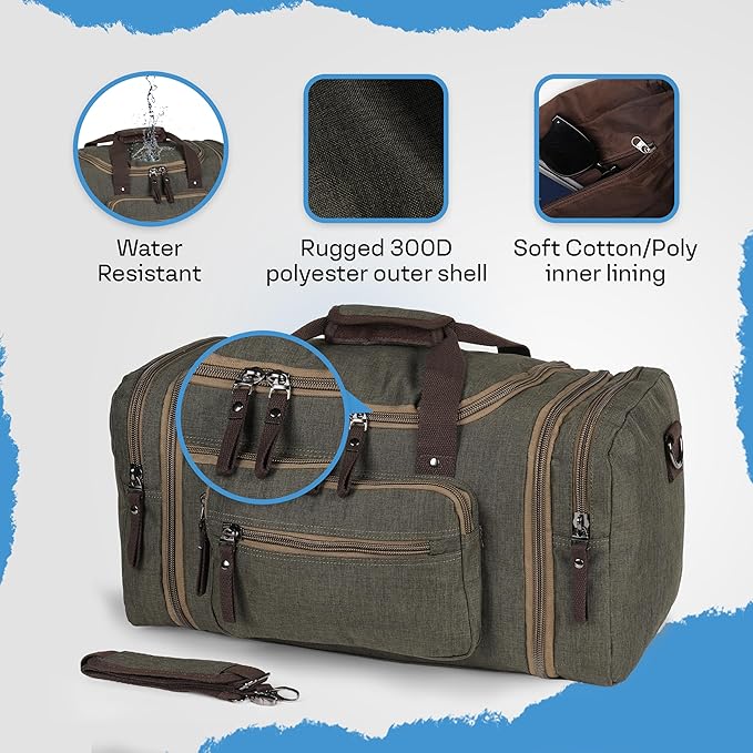 Duffle Bag for Travel 20–23” Expandable (40L) – Lightweight Water-Resistant Carry On Weekender with Multiple Pockets & Shoulder Strap – Airline Approved Travel Duffel Bags for Men & Women - ARMY GREEN