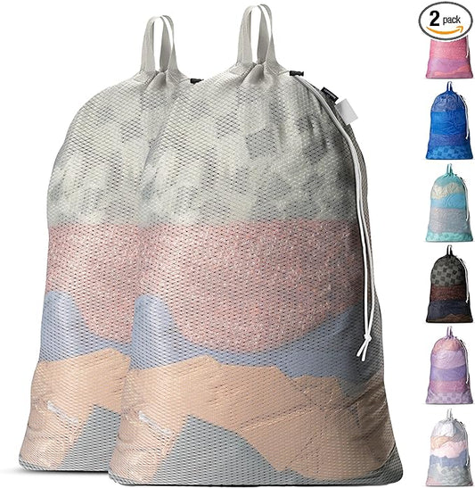 Handy Laundry Extra Large Mesh Laundry Bags 2-Pack – Heavy Duty with Handles & Drawstring, Machine Washable, Portable Laundry Sacks for College Dorm, Camp, Travel, Bedding & Clothes Storage, Grey