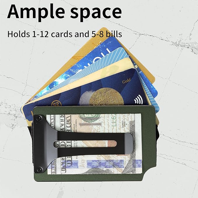 Minimalist Carbon Fiber Wallet for Men, Money Clip Cash Strap Wallet, RFID Blocking Metal Wallet Aluminum Card Holder,Front Pocket Wallet(Matte Green)