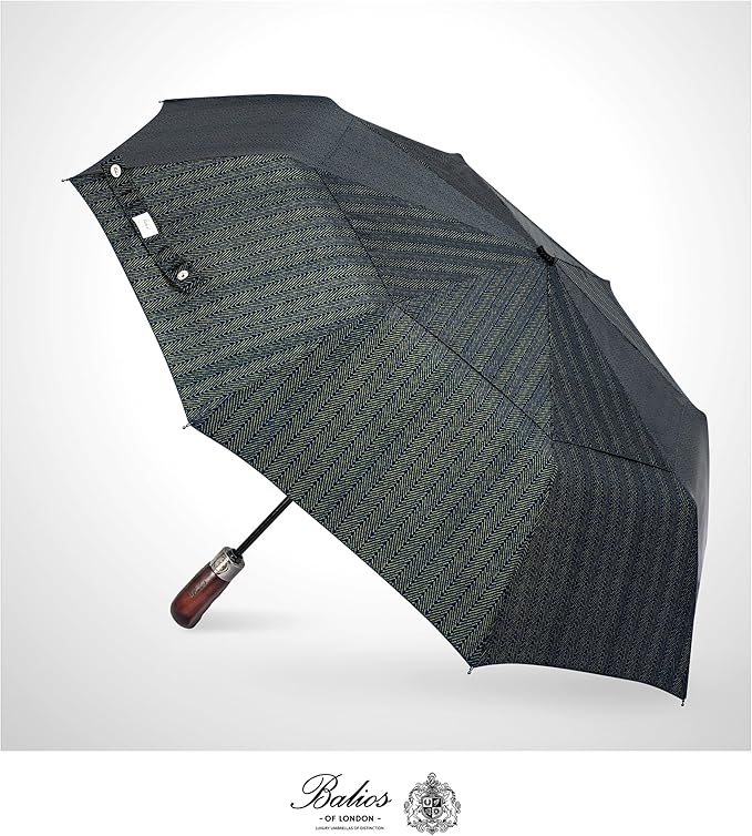 Balios Travel Folding Umbrella with Real Wood Handle Auto Open Close Vented Windproof Canopy - Designed in UK