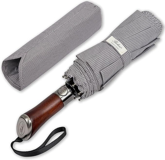 Balios (Designed in UK) Travel Umbrella Luxurious Golden Hardwood Handle Auto Open & Close Windproof Frame Single Canopy Automatic Folding Umbrella Men's & Ladies