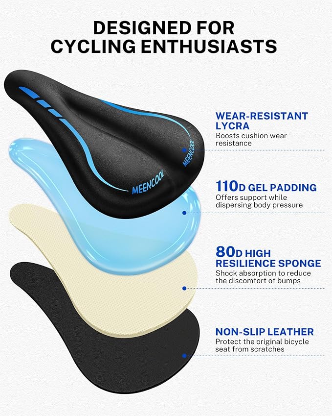 MEENCOOL Bike Seat Cushion - Gel Padded Bike Seat Cover for Men Women Comfort, Adjustable Velcro Secure Bicycle Seat Cushion Compatible with Peloton, Indoor & Outdoor Bicycle Seat(11"x7")