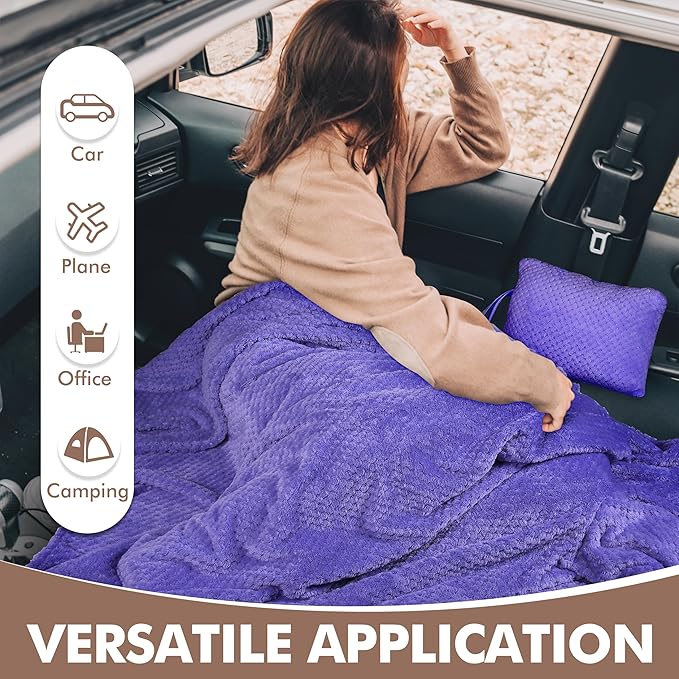 Tirrinia Travel Blanket and Pillow Set, Soft Compact Airplane Blanket with Foot Pockets, 4-in-1 Travel Essentials for Women Men, Portable Travel Gifts for Her, Travel Blanket for Airplanes, Cars