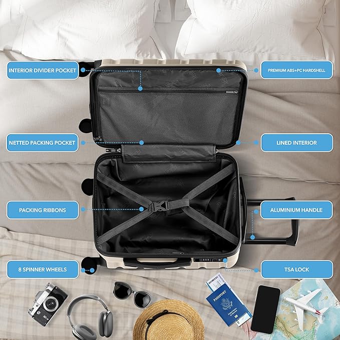 Flight Knight 22x14x9 Expandable Carry On Suitcase Hardside TSA Lock USB C Port Lightweight Luggage Silent Double Spinner Wheels Maximum Overhead Carry-On Bag American United Approved Champagne