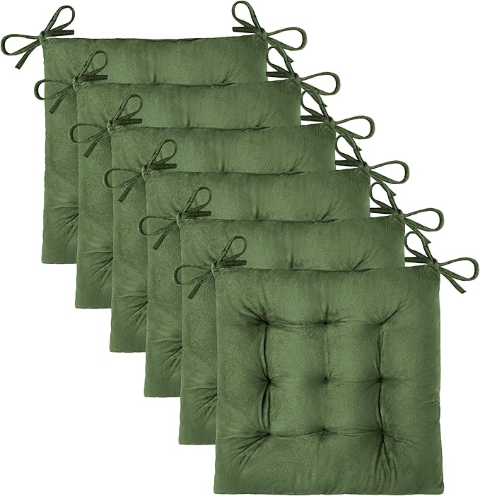 OVOV 6 Pack Chair Cushions for Dining Chairs Soft Seat Cushions for Kitchen Desk Chairs Square Chair Pads with Ties (15.5"x15.5" Green)