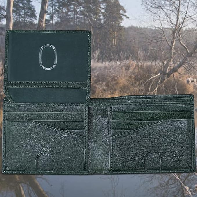 RFID Bifold Leather Wallet For Men with Flip Up ID Secure and Durable Extra Capacity Billfold with 11 Credit Cards in Vintage Buffalo Green, Tight Stitching & Quick Thumb Push Access, Gift Boxed