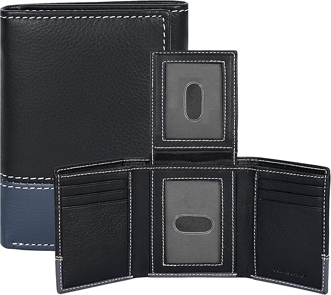 Real Leather Mens Trifold Wallet RFID Blocking Slim Minimalist Front Pocket - Thin & Stylish with ID Window in Gift Box