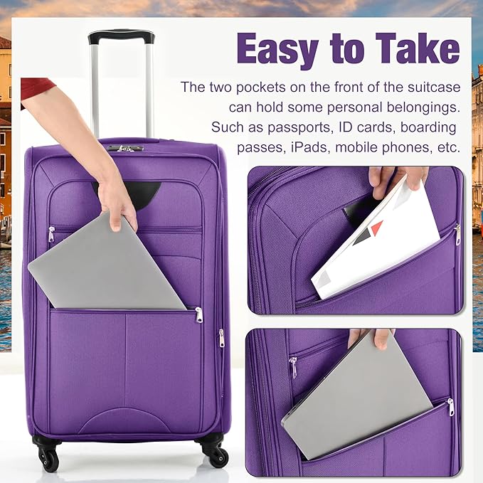 Purple 5 Piece Softside Luggage Sets, Expandable Lightweight Suitcase Sets Double Softshell Spinner Wheels Travel Luggage Set for Women and Men