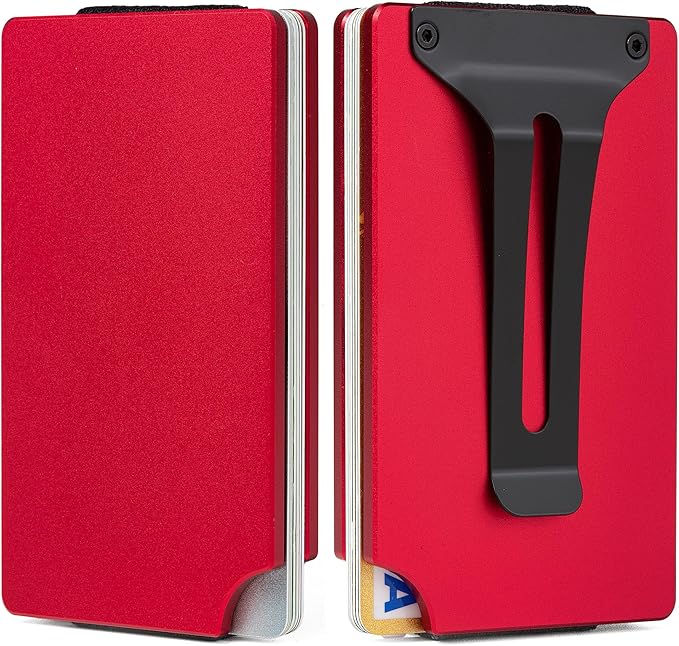 Carbon Fiber Minimalist Wallet for Men Credit Card Holder Money Clip & Cash Strap Slim RFID Mens Wallets-Matt Red