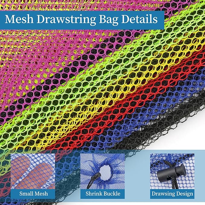 6 Pcs Mesh Bags Drawstring, 14x17 Inch with Lock, Multipurpose Storage Bags for Gym, Balls, Beach, Laundry (Multicolor)