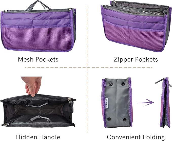 Vercord Purse Organizer Insert for Handbags Bag Organizers Inside Tote Pocketbook Women Nurse Nylon 13 Pockets Purple Small