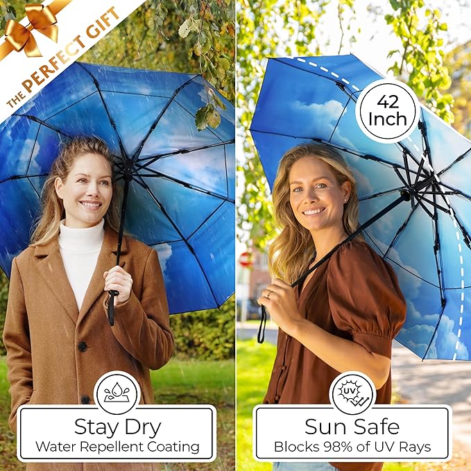 TUMELLA Strongest Windproof Travel Umbrella (Compact, Superior & Beautiful), Small, Wind-Tested, Light & Portable, Automatic Folding Rain Umbrella, Durable Premium Grip, Fits Car and Backpack