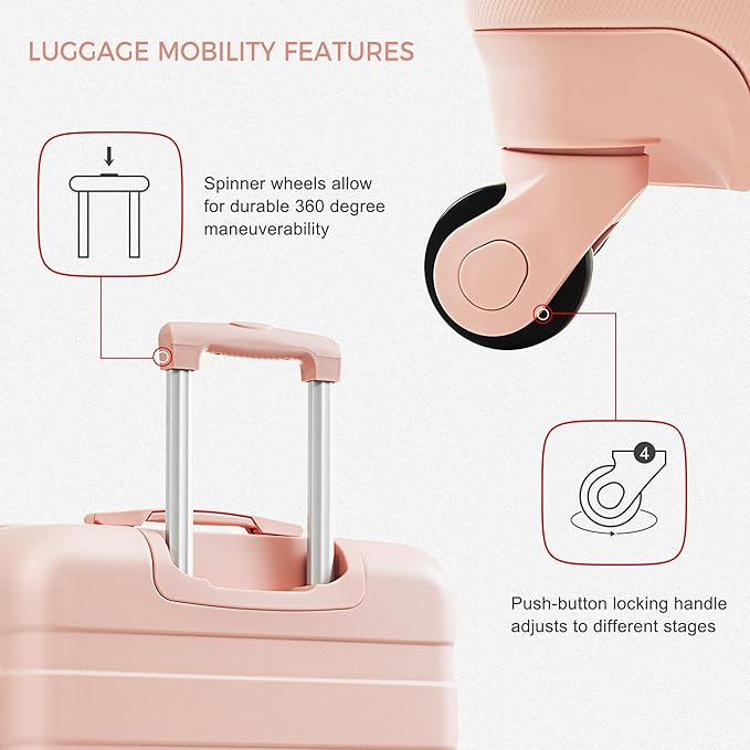 4-Piece Luggage Set, Suitcase with TSA Lock Travel Duffel Bag Wet-Dry Toiletry Bag, Pink