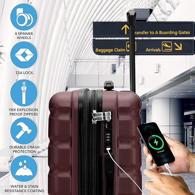 Flight Knight 24x16x10 Expandable Carry On Suitcase Hardside TSA Lock USB C Lightweight Luggage Silent Double Spinner Wheels Maximum Overhead Carry-On Bag For Virgin South West Approved Burgundy