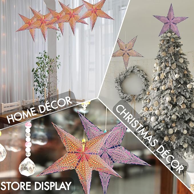 GalaxyArts Paper Star Lanterns, 24 Inch Queen Blue Yellow 3D Light-Up 5-Pointed Hanging Lamp, Handcrafted Hollow Decoration for Christmas, Weddings, Holidays, Indoor Outdoor Home Décor (Medium)