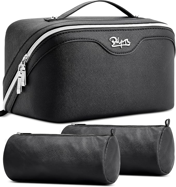 BOYATU Travel Makeup Bag Organizer Cosmetic Bag: 3 Pcs Set Make up Bags for Women with Handle - Waterproof Vegan Leather Toiletry Bags Travel Essentials Pouch with Compartments (C-01-Black)