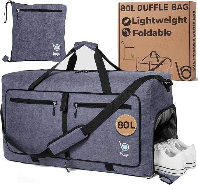 Bago Medium Duffle Bag for Travel Women & Men. Durable Lightweight Foldable Travel Duffel Bags For Traveling Women. 60L Duffle Bags For Overnight Bag With Shoe Compartment Collapsible Weekender duffel