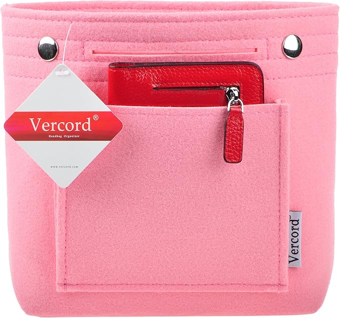 Vercord Mini Slim Small Felt Purse Organizer Insert Inside Handbag Tote Pocketbook for Women Pink