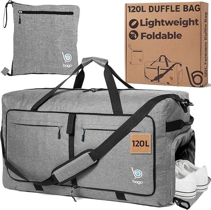 Bago Extra Large Duffle Bag for Travel Women & Men. Durable, Lightweight, Foldable Travel Duffel Bags For Traveling Women. 120L Duffle Bags Use As a Weekender Bag with Shoe Compartment, Checked Duffel