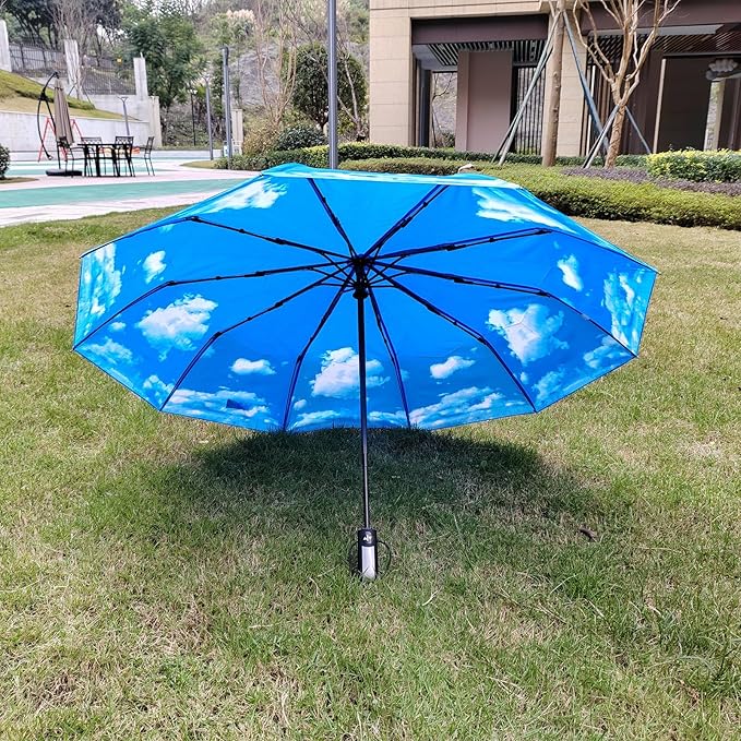 TradMall Travel Umbrella Windproof with 46 Inches Large Canopy 10 Reinforced Fiberglass Ribs Ergonomic Handle Auto Open & Close, Sky Clouds