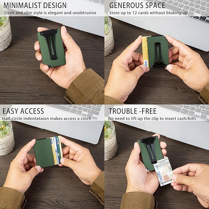Minimalist Carbon Fiber Wallet for Men, Money Clip Cash Strap Wallet, RFID Blocking Metal Wallet Aluminum Card Holder,Front Pocket Wallet(Matte Green)