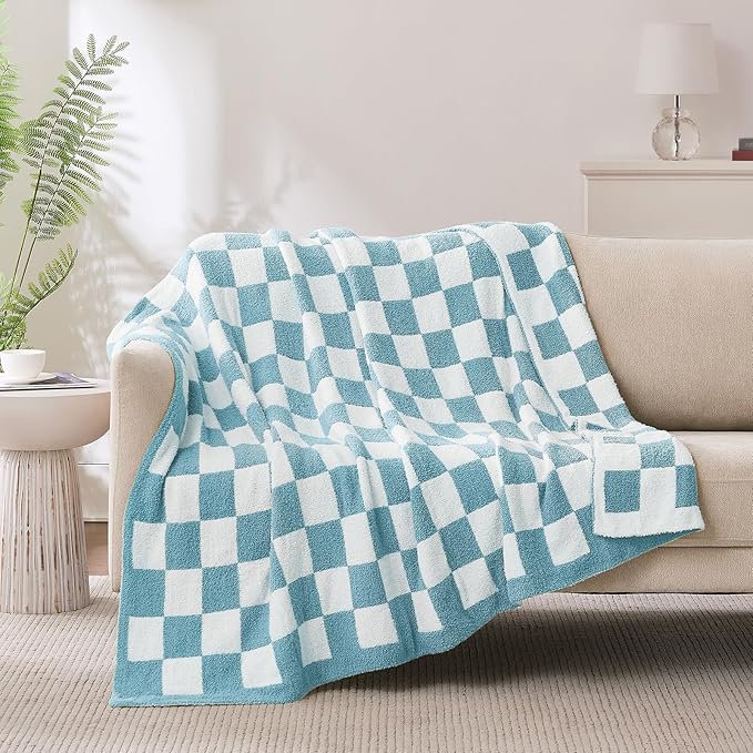 Checkered Throw Blanket, Light Blue Soft Cozy Fluffy Knitted Throw Blankets for Couch, Sofa, Bed, Chair, Warm Fuzzy Travel Picnic Lightweight Plaid Blanket, 50x70 inches