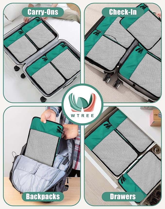 4-Piece Packing Cubes Travel Accessories Set for Suitcases - Luggage Organizer Bags with Double Zipper - Mesh Top - Medium - Green