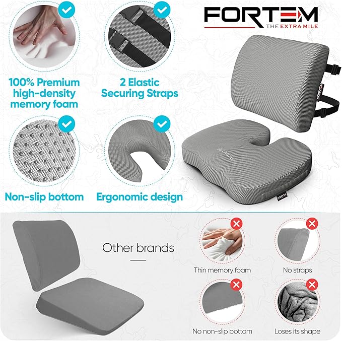 FORTEM Seat Cushion, Office Chair Cushion, Lumbar Support Pillow for Office Chair, Memory Foam Sciatica Coccyx Tailbone Pressure Pain Relief, Car Sitting Pad, Washable Non Slip, XL