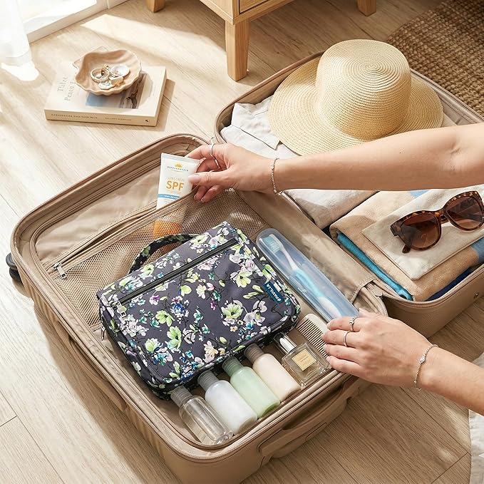 PAVILIA Hanging Toiletry Bag Women Men, Foldable Cosmetic Organizer Travel Bag, Water Resistant Makeup Bag Toiletries, Large Travel Essentials Kit (Grey Floral)