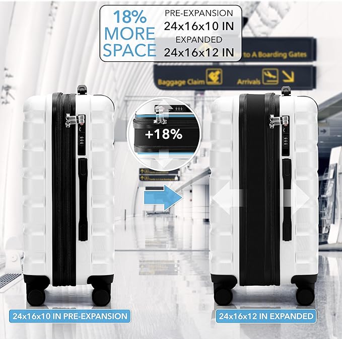 Flight Knight 24x16x10 Expandable Carry On Suitcase Hardside TSA Lock USB C Lightweight Luggage Silent Double Spinner Wheels Maximum Overhead Carry-On Bag For Virgin South West Approved White