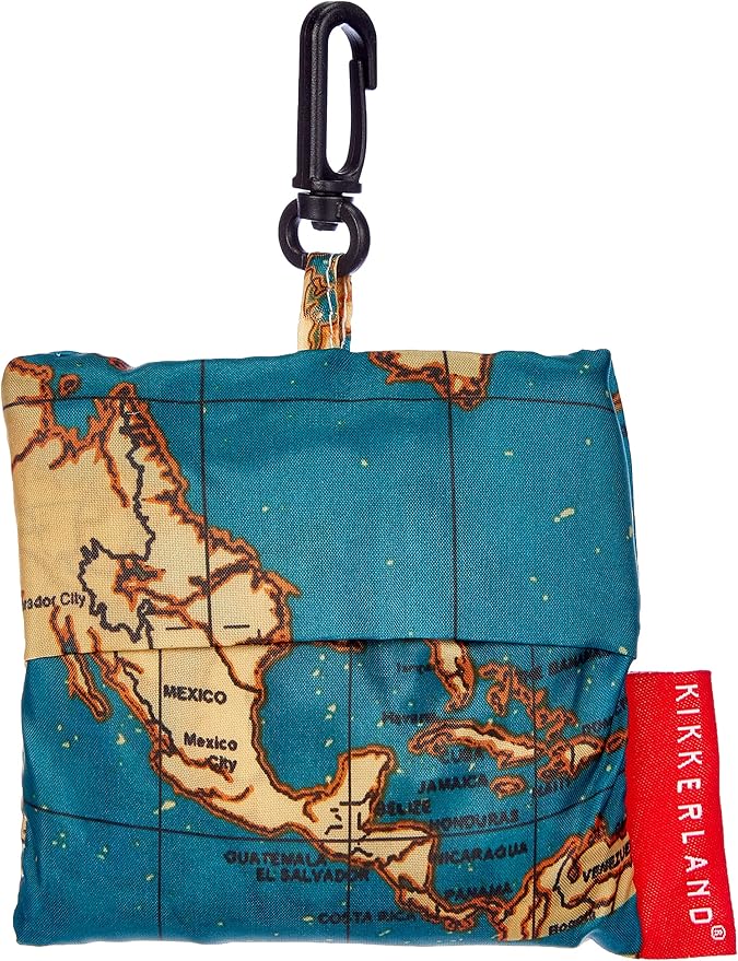Kikkerland Travel-Size Laundry Bag, World Map Design Heavy Duty Laundry Bag, Polyester, Built-in Pouch, Inner Loop and Carabineer, Multicolor