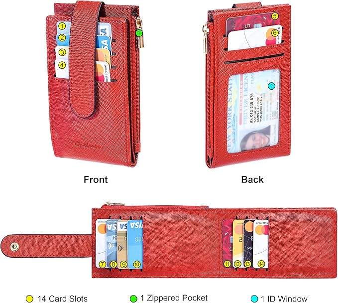 Chelmon Womens Wallet Slim RFID Blocking Bifold Multi Card Case Wallet with Zipper Pocket (Red)