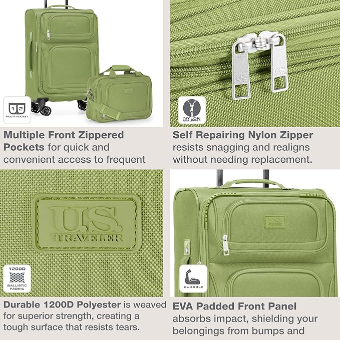 U.S. Traveler Rio Lightweight Softside Rolling Carry-on Suitcase, 4-Wheel Set, Light Green