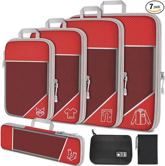 NiHome 7PCS Compression Packing Cube Set Expandable Mesh Travel Bag Luggage Organizers with Electronic Cable Cord Charger Organizer Drawstring Bag (Red)