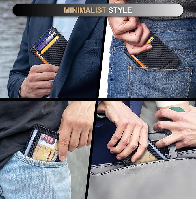 Travelambo Slim Wallet Front Pocket Minimalist Leather RFID Blocking Medium Size (Carbon Fiber Black)