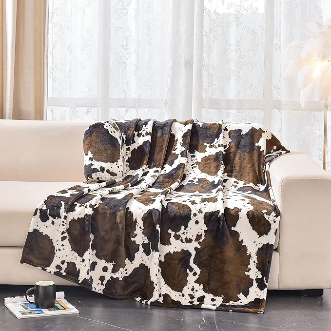 Bnuitland Brown Cow Print Throw Blanket with Storage Pouch, 300 GSM Double Sided Fuzzy Decor Lap Blanket for Bed/Sofa/Couch, Super Soft Cozy Flannel Throw Gift for Adults and Kids, 50×60 inch
