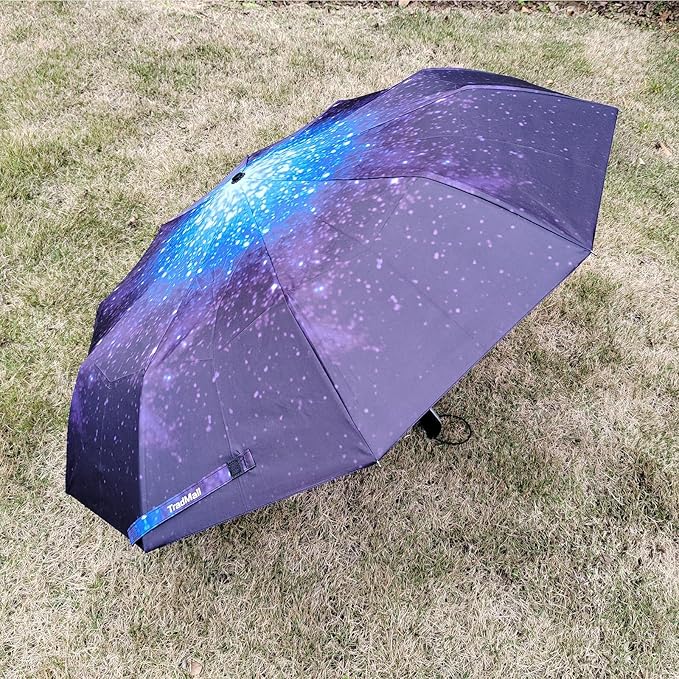 TradMall Travel Umbrella Windproof with 46 Inches Large Canopy 10 Reinforced Fiberglass Ribs Ergonomic Handle Auto Open & Close, Starry Sky