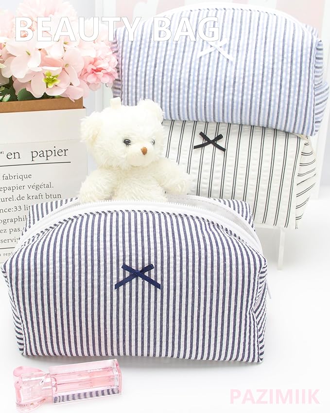 PAZIMIIK Cozy Makeup Bag Small Aesthetic Travel Zipper Cosmetic Pouch for Women Make Up Beauty Accessories Brushes, Stripe Navy Blue