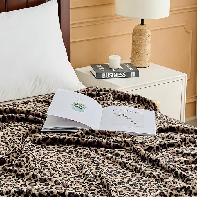 Leopard Print Blanket Fleece Throw for Bed Sofa Travel and Camping, Super Soft Cozy Fluffy Plush Cheetah Print Blanket for All Seasons 50"x60" (Mocha Brown)