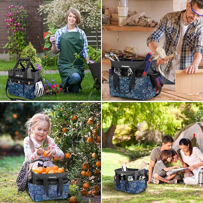 WORKPRO Garden Tool Bag Organizer, Heavy Duty Gardening Tote Bag with 10 Pockets and Long Adjustable Shoulder Strap, Standable Garden Home Tool Kits Organizer, Floral Blue (Tools are not Included)