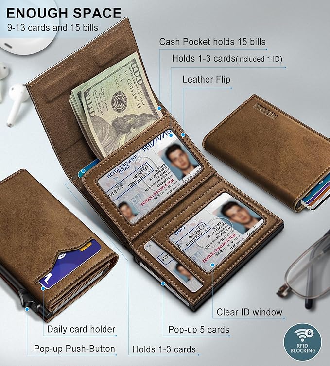 miyozi Wallet for Men,with Cash Pocket 2 ID Window 9-13 Cards,Metal Case Smart Slim Pop Up Credit Card Holder Flip with Magnetic Closure RFID Blocking Trifold wallet with Gift Box