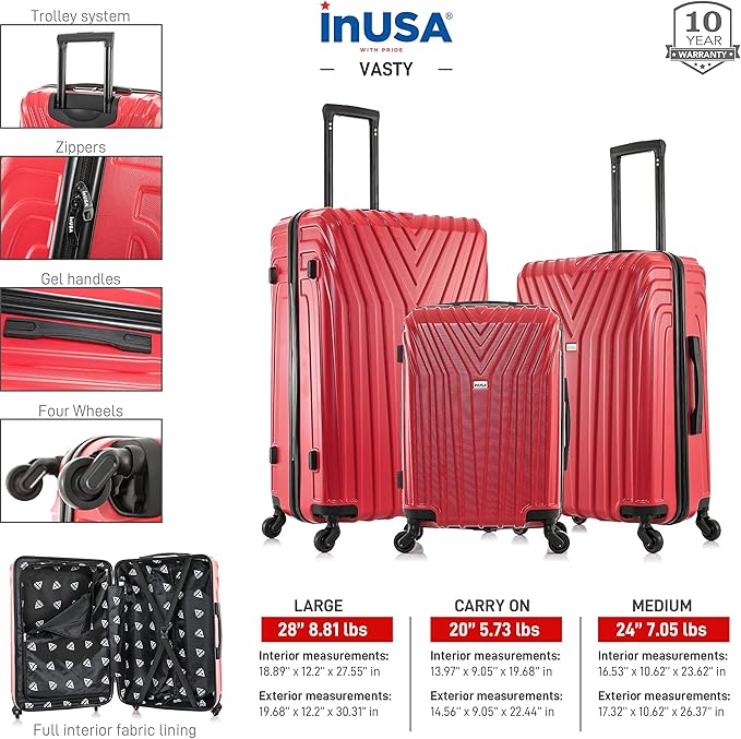 InUSA VASTY Luggage with Spinner Wheels | Durable Lightweight Hardshell SuitcaseTravel Sets with Handle and Trolley | (20in 24in 28in) 3 Piece Luggage Set | Red