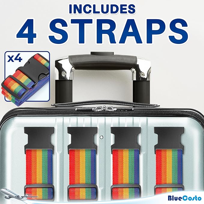 Luggage Straps for Suitcases - TSA Approved - Rainbow, 4 PK - Premium Belts for Suitcase, Briefcase & Travel Bag - Adjustable Strap Length 43" - 78"