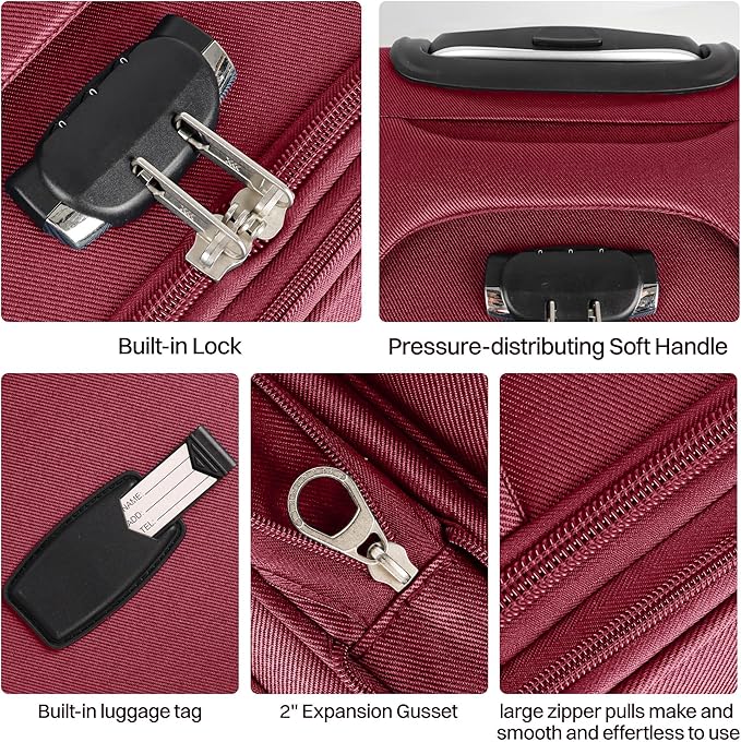 24'' Softside Expandable 15% Rolling Luggage with Double Spinner Wheels & w/LOCK,Lightweight Travel Luggage for Men Women（Burgundy-Grey,24in）