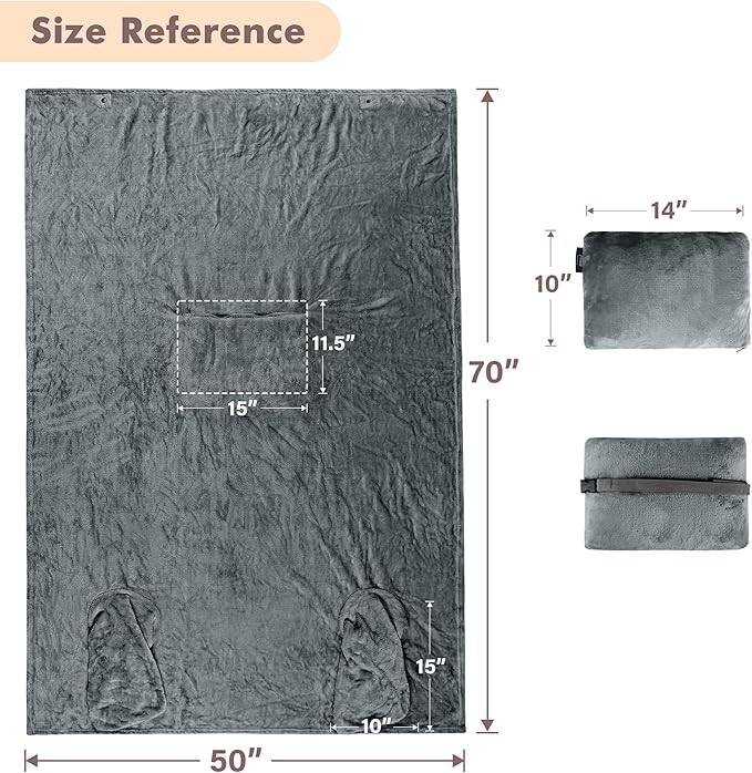 Tirrinia Travel Portable Blanket with Feet Pocket Airplane Office Poncho 4 in 1 Zippered Front Pocket Premium Cozy Fleece Blankets with Built-in Bag