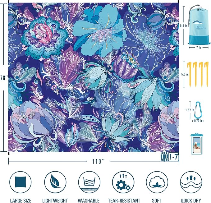 Famstar Beach Blanket Sandproof Waterproof 78''×110'' 1-7Adults Oversized,Compact Lightweight Durable Beach Mat for Travel Camping Hiking Picnic Blanket