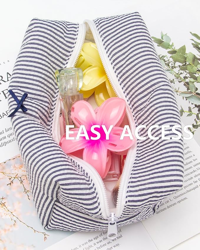 PAZIMIIK 2PCS Cozy Makeup Bag Small Aesthetic Travel Zipper Cosmetic Pouch for Women Make Up Beauty Accessories Brushes, Stripe Navy Blue