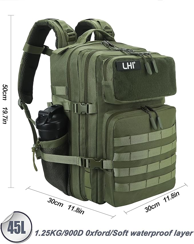 LHI Military Tactical Backpack for Men and Women 45L Army 3 Days Assault Pack Bag Large Rucksack with Molle System - Green