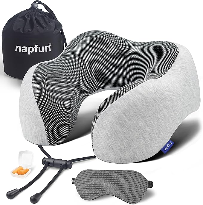 napfun Neck Pillow for Travel with Travel Pouch, Sleep Mask & Earplugs, Memory Foam Airplane Pillow for Headrest Sleep with Eyeshades, Plane Essentials with Eye Blindfold, Light Gray Kit